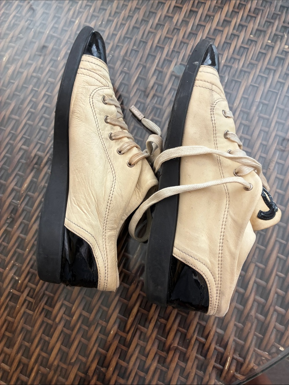 CHANEL Beige and Black Lace-Up Logo Sneakers - Picture 6 of 12